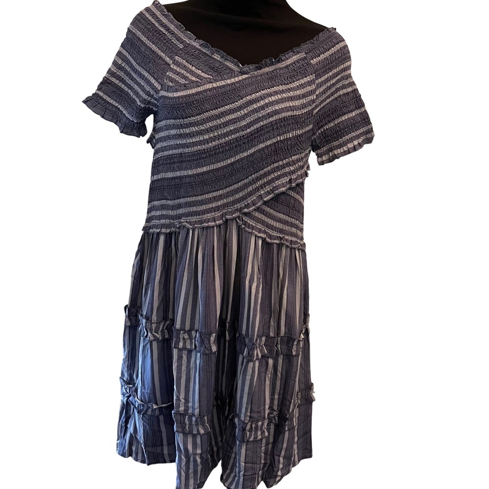 Japna Blue White Striped Smocked Wrap Bodice‎ Tiered Mini Dress Large
